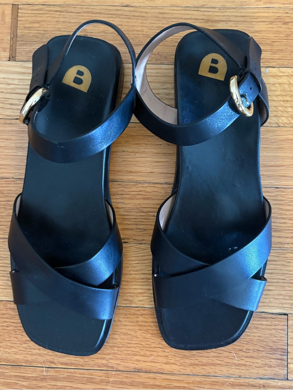 Bared Footwear Black Leather Crisscross Sandals with Gold Buckle